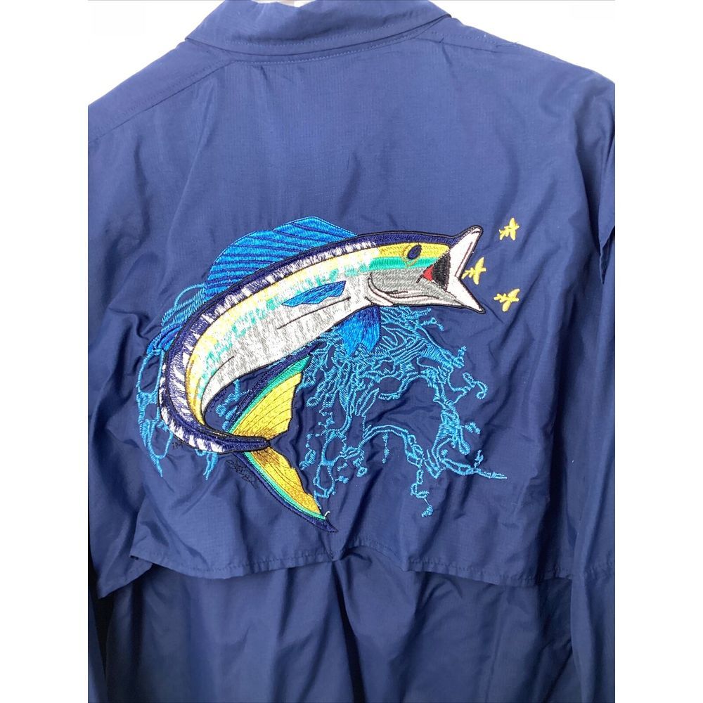 HomeRun Mens Button Up LS X-Large Embroidered Fish On Back, Navy Blue, Pockets